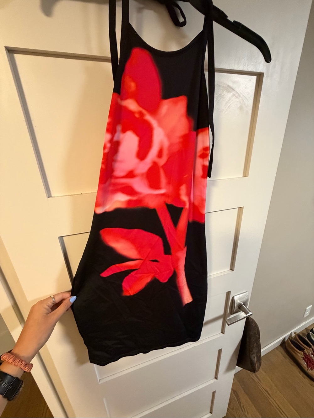 Black Mini Halter Dress with Bold Red Floral Print